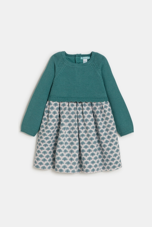 Robe bi-matière maille tricot et seersucker vert bébé fille