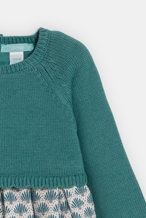 Robe bi-matière maille tricot et seersucker vert bébé fille