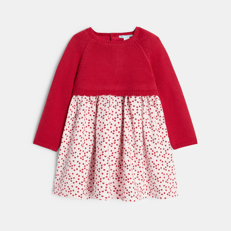 Robe bi-matière maille tricot et seersucker coeur rouge bébé fille - 23M