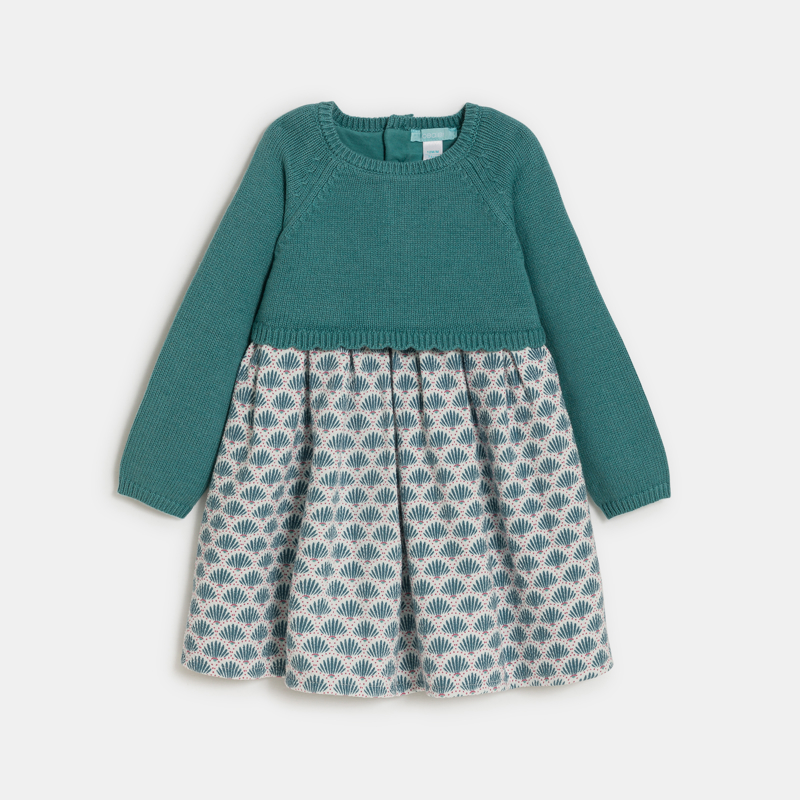 OBAIBI - Robe bi-matière maille tricot et seersucker vert bébé fille - Fille