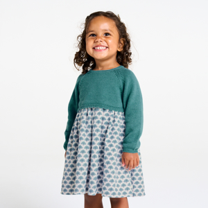 Robe bi-matière maille tricot et seersucker vert bébé fille 1