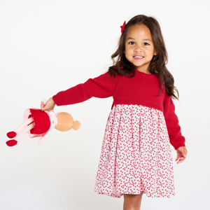 Robe bi-matière maille tricot et seersucker coeur rouge bébé fille 1