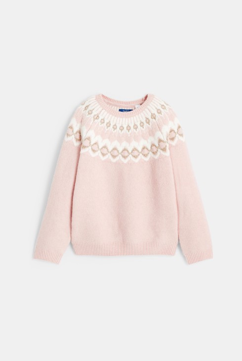 Pastelno rožnat skandinavski pulover z žakarskim motivom za deklice 1