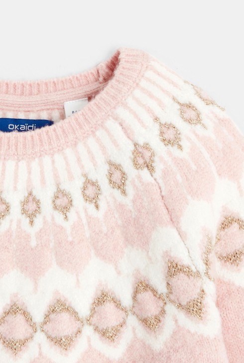 Pastelno rožnat skandinavski pulover z žakarskim motivom za deklice 2