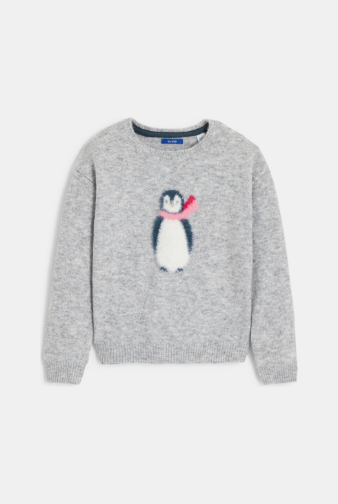Dekliški puli iz žakarda s sivim pingvinom 1