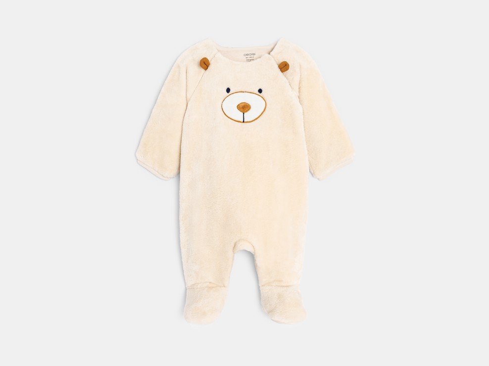 Warmer beigefarbener Überpyjama aus Soft-Boa mit Bärenmotiv für Neugeborene 1