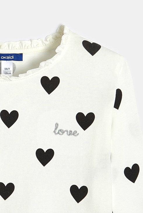 T-shirt blanc motif cœurs noirs Fille