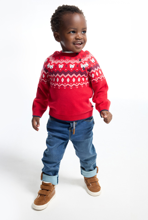 Pull maille tricot jacquard rouge bébé garçon 1