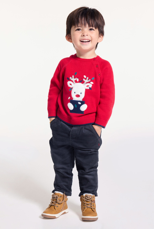 Rdeč pleten pulover z jelenom dojenček deček 1