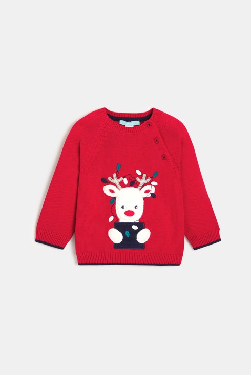 Rdeč pleten pulover z jelenom dojenček deček 2