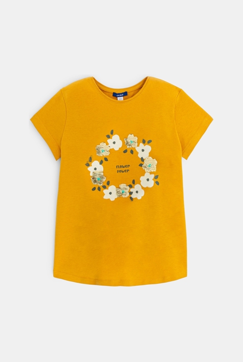 T-Shirt mit Blumen und Pailletten, gelb, Mädchen