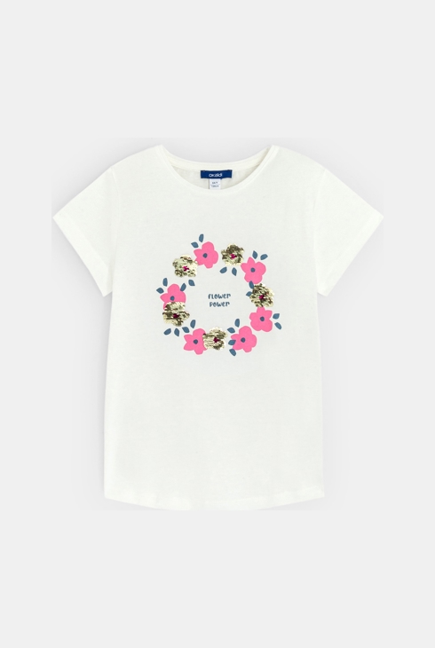 T-Shirt mit Blumen und Pailletten, weiß, Mädchen