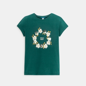 T-shirt bambina verde con fiori e paillettes 1