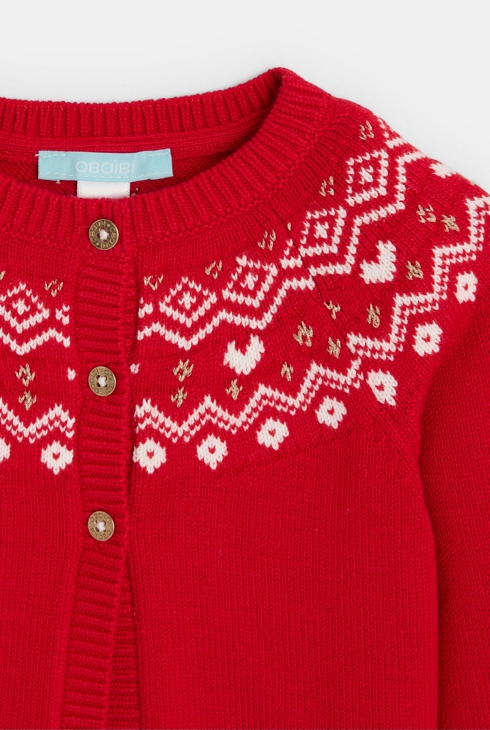 Gilet maille tricot jacquard rouge bébé fille 2