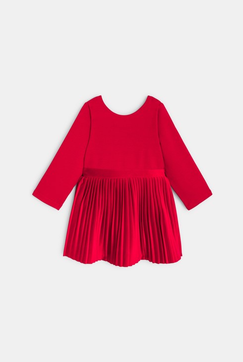 Rdeča plisirana elegantna obleka iz dveh materialov 2