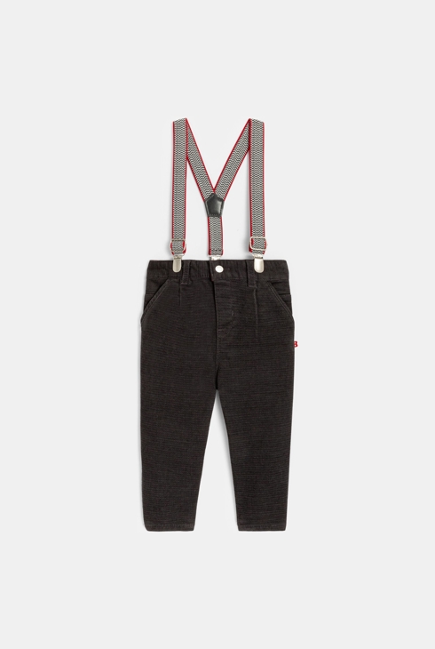 Pantalon velours fantaisie à bretelles amovibles gris bébé garçon