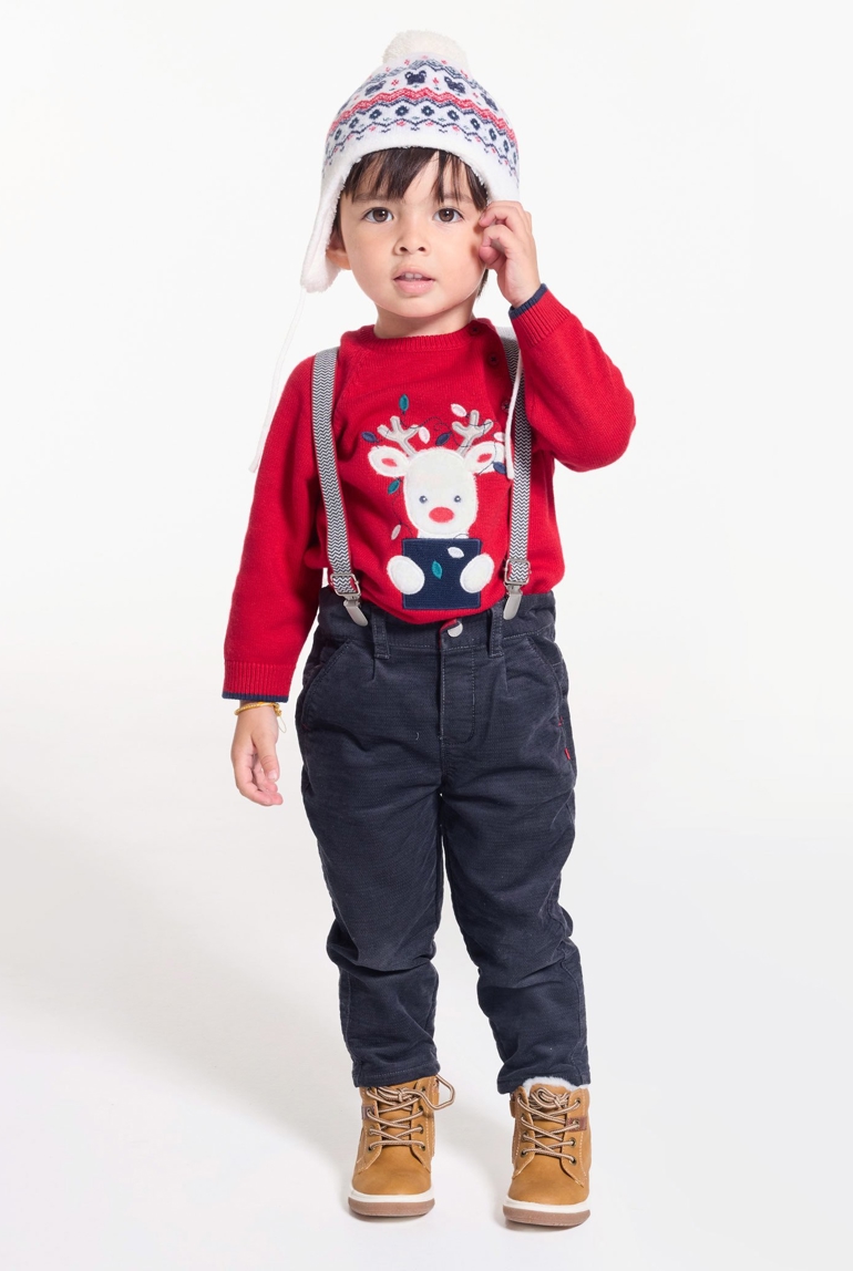 Pantalon velours fantaisie à bretelles amovibles gris bébé garçon 1