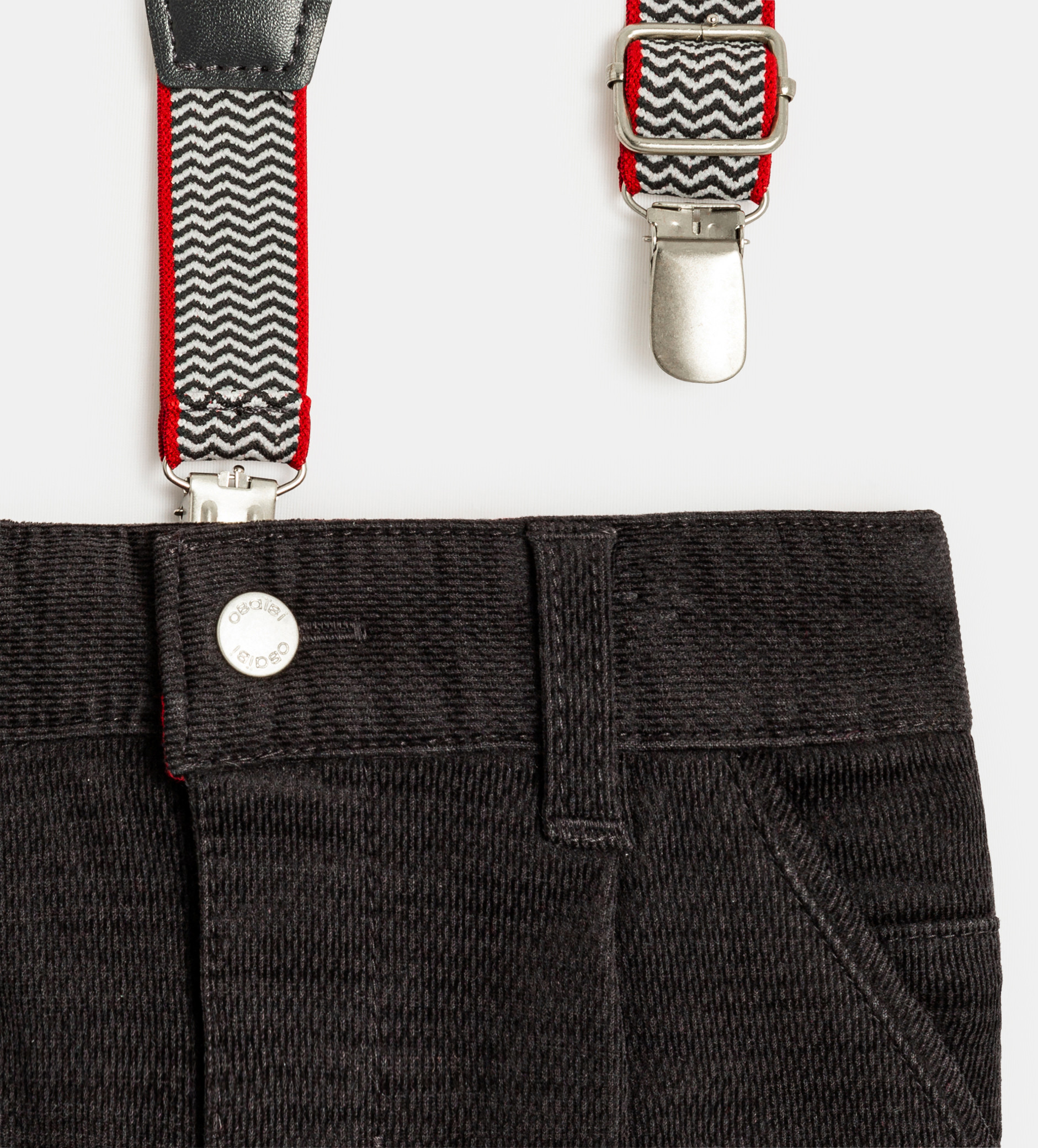 Pantalon velours fantaisie à bretelles amovibles gris bébé garçon