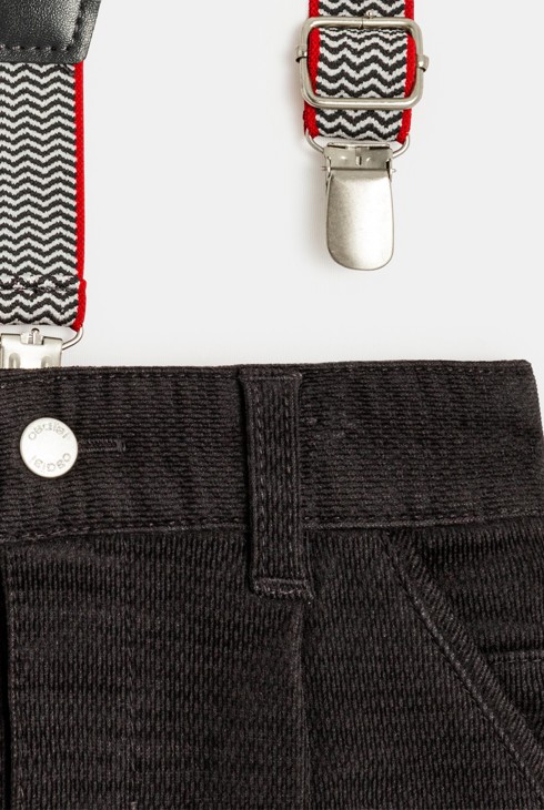 Pantalon velours fantaisie à bretelles amovibles gris bébé garçon