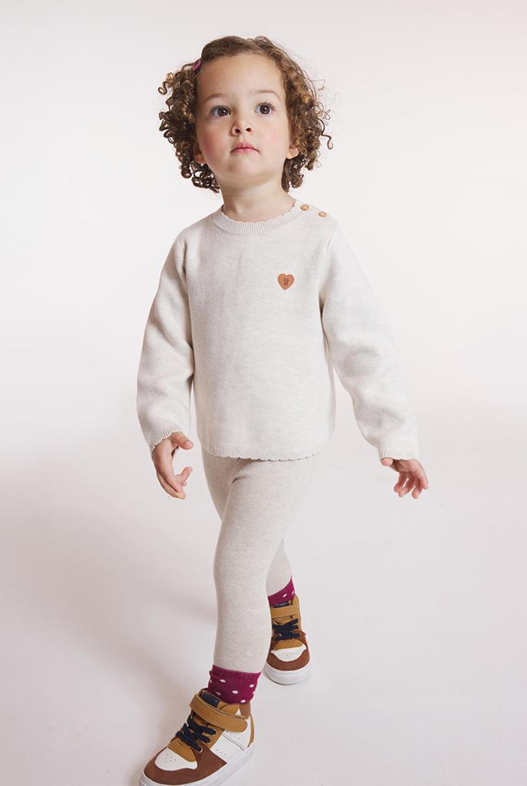 Pull maille tricot col festonné beige bébé fille 1