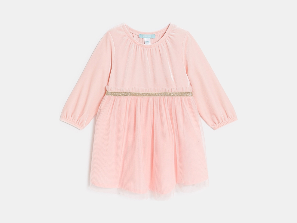 Abito bimateriale in velluto e tulle rosa neonata 1