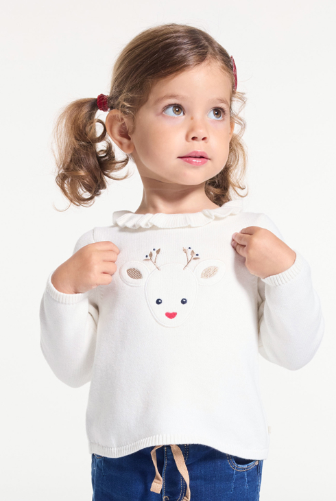 Pull maille tricot renne brodé blanc bébé fille 1