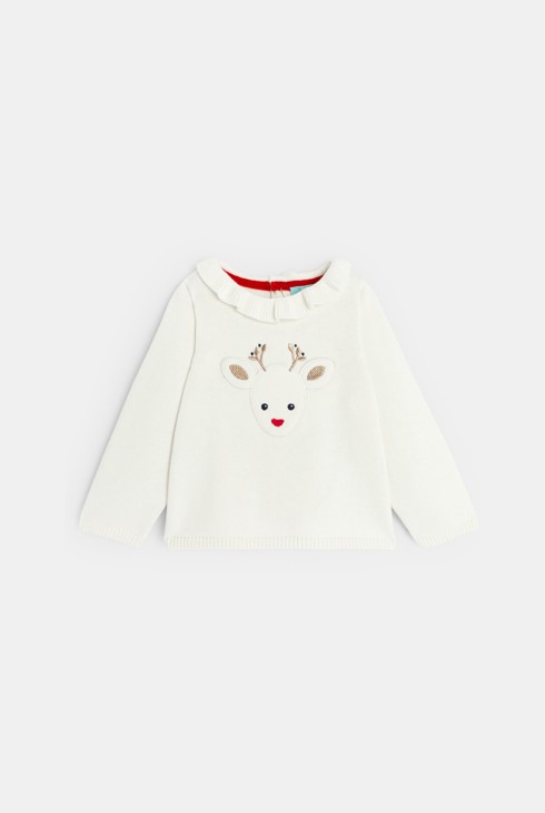 Pull maille tricot renne brodé blanc bébé fille 2