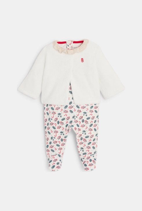 Žameten spalni pajac s potiskom sove in bela jopica dojenček deklica 1