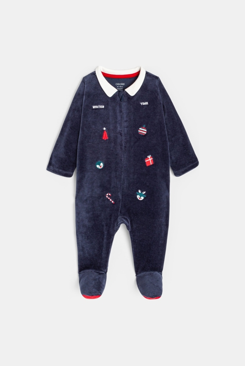 Blauer Baby-Strampler aus Cordsamt mit Wintermotiven für Jungen 2
