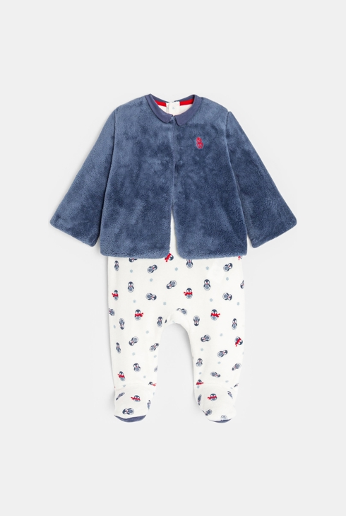 Žameten spalni pajac s pingvini in jopica iz flisa dojenček deček 1