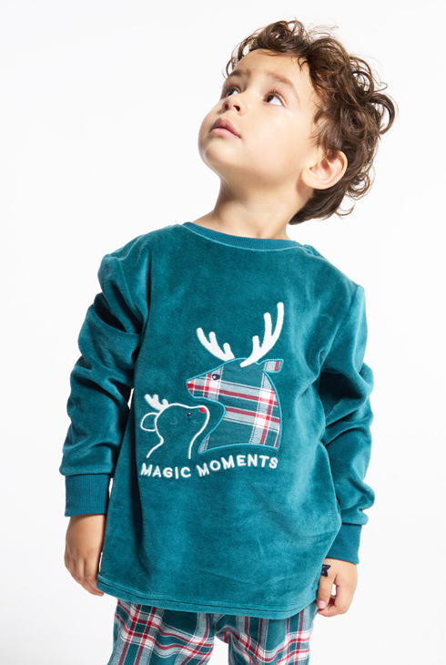 Pyjama en velours brodé rennes à carreaux bébé garçon 1