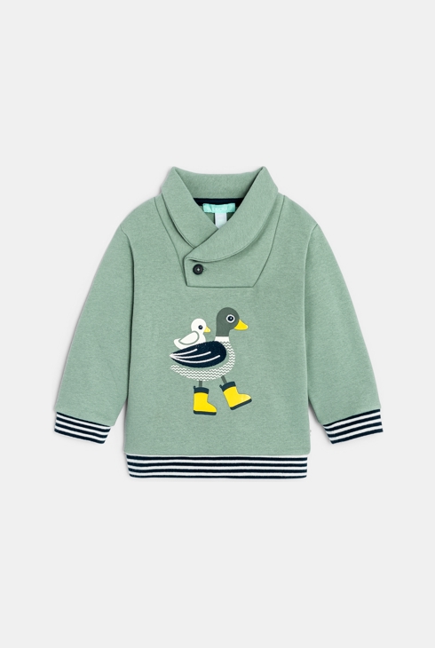 Grünes Sweatshirt Molton Schalkragen Entenmotiv Baby Jungen