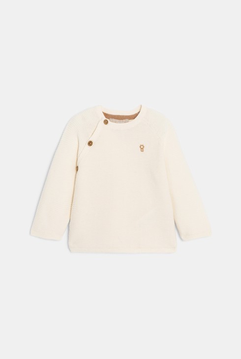 Newborn's wrap-around white and ecru knitted cardigan 2