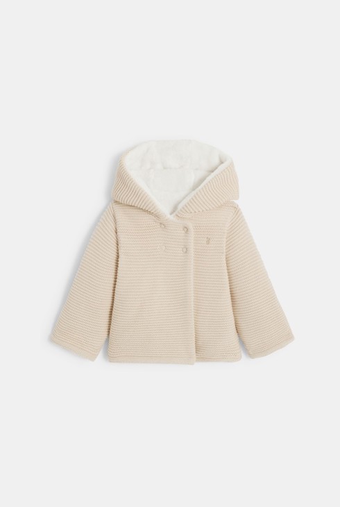 Warme Jacke in Beige aus gefüttertem Softboa-Strick mit Kapuze für Neugeborene