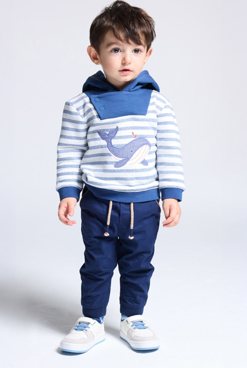 Blaues Molton-Sweatshirt mit Kapuze und Walmotiv Kleinkind Junge 2