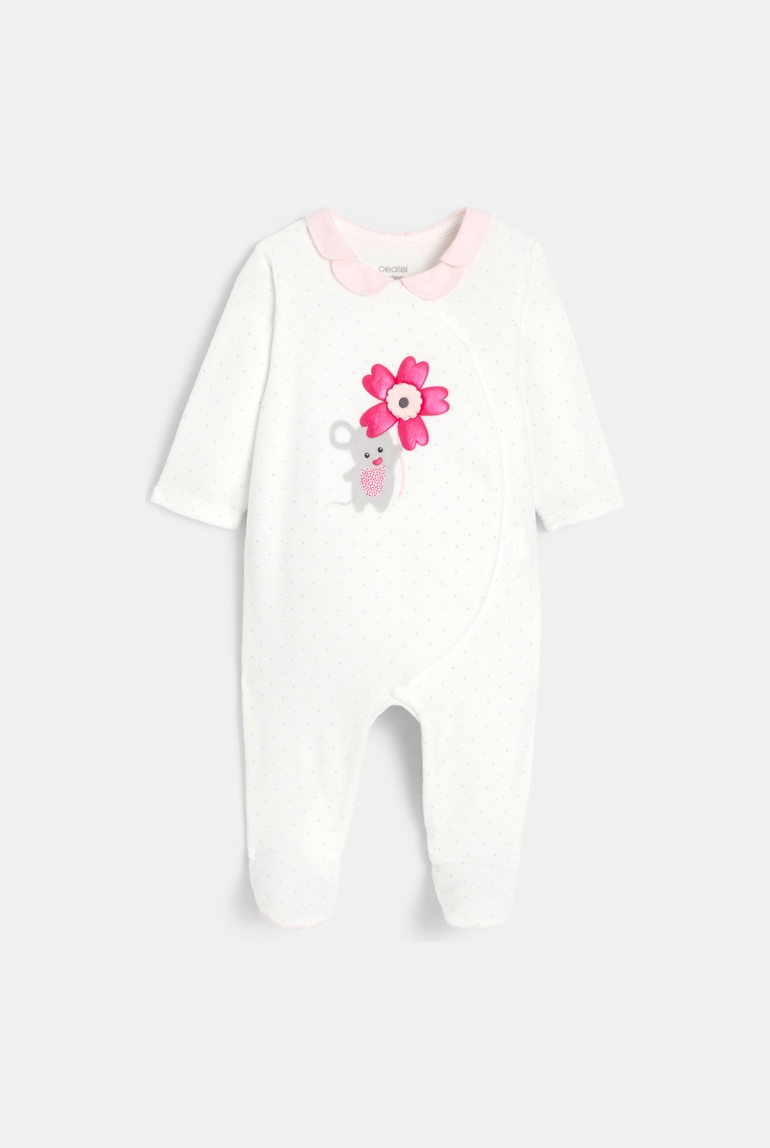 Weißer Babystrampler aus Samt mit Mausmotiv für Mädchen 1