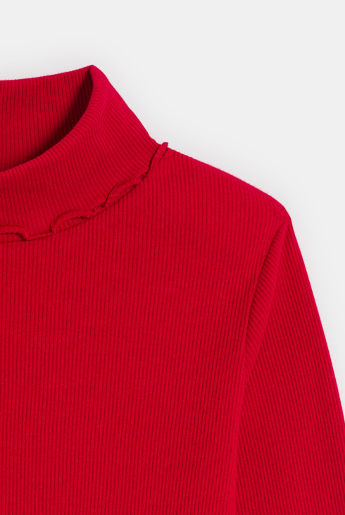 Einfarbiges Rippen-T-Shirt mit Rollkragen in Rot
