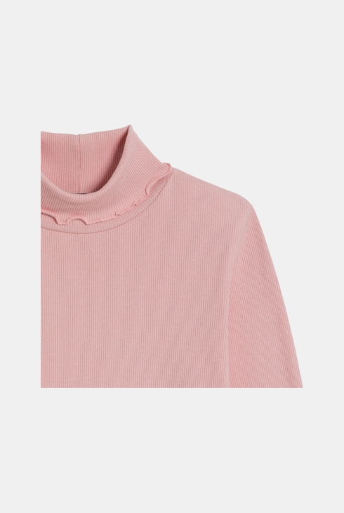 Einfarbiges rosa Rippen-T-Shirt mit Rollkragen 2