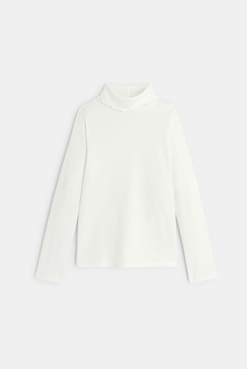 Einfarbig weißes Rippen-T-Shirt mit Rollkragen 1