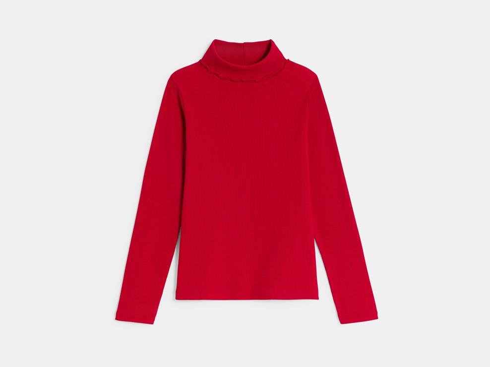 T-shirt col roulé côtelé uni rouge 1