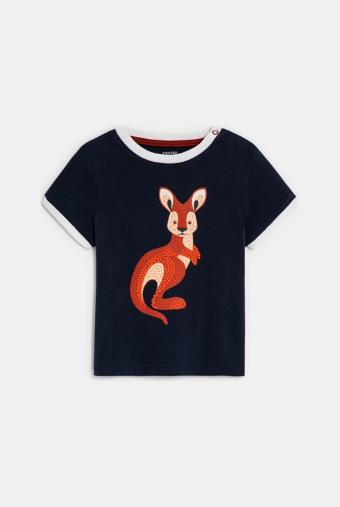 Fantovska temno modra senzorična majica s kengurujem za dojenčke 1