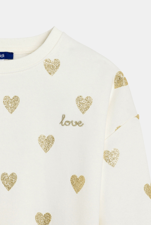 Sweat-shirt motif cœur pailleté blanc Fille