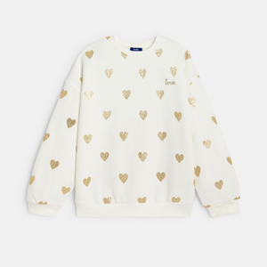 Sweat-shirt motif cœur pailleté blanc Fille 1