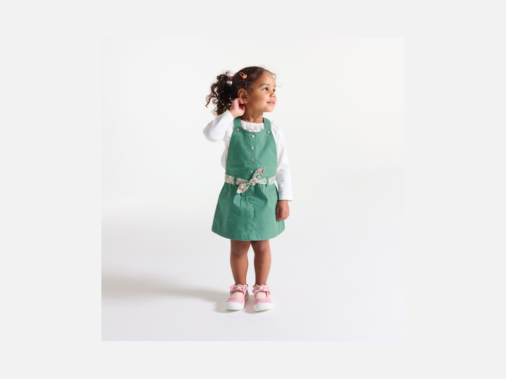 Robe salopette popeline de coton vert bébé fille 1