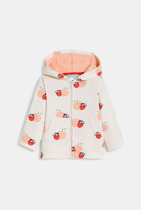 Maglia in tessuto felpato con cappuccio bianco con frutti neonata 1