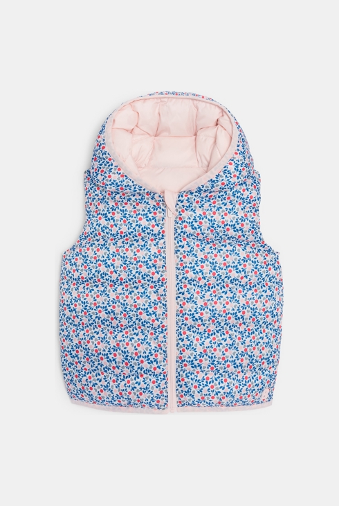 Doudoune sans manches réversible à capuche fleurie rose bébé fille 1
