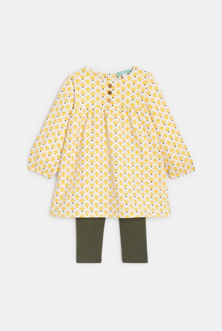 Robe en molleton imprimé jaune et legging vert bébé fille 1