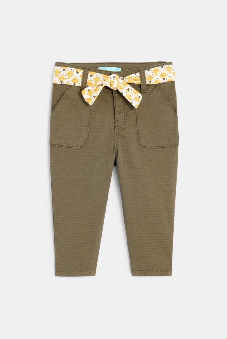 Pantalon coton fantaisie ceinture fleurie vert kaki bébé fille 1