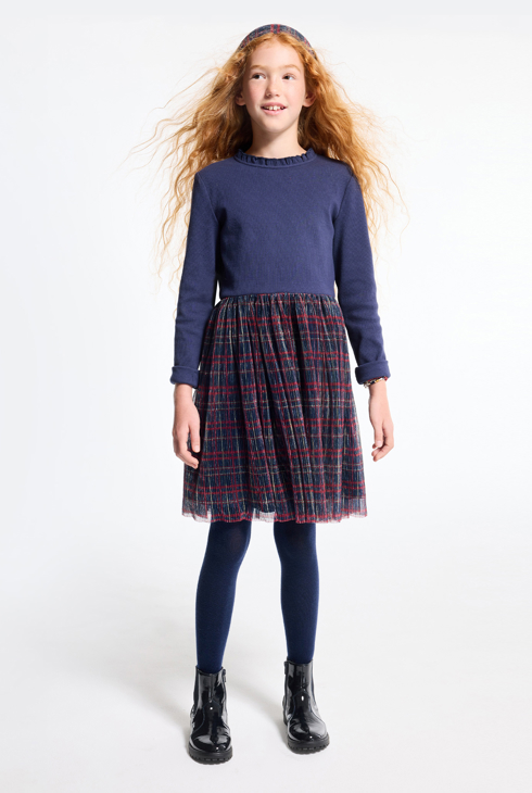 Robe bi-matière marine et écossais Fille 1