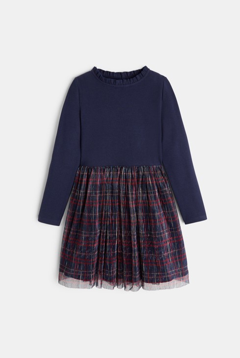 Robe bi-matière marine et écossais Fille 2